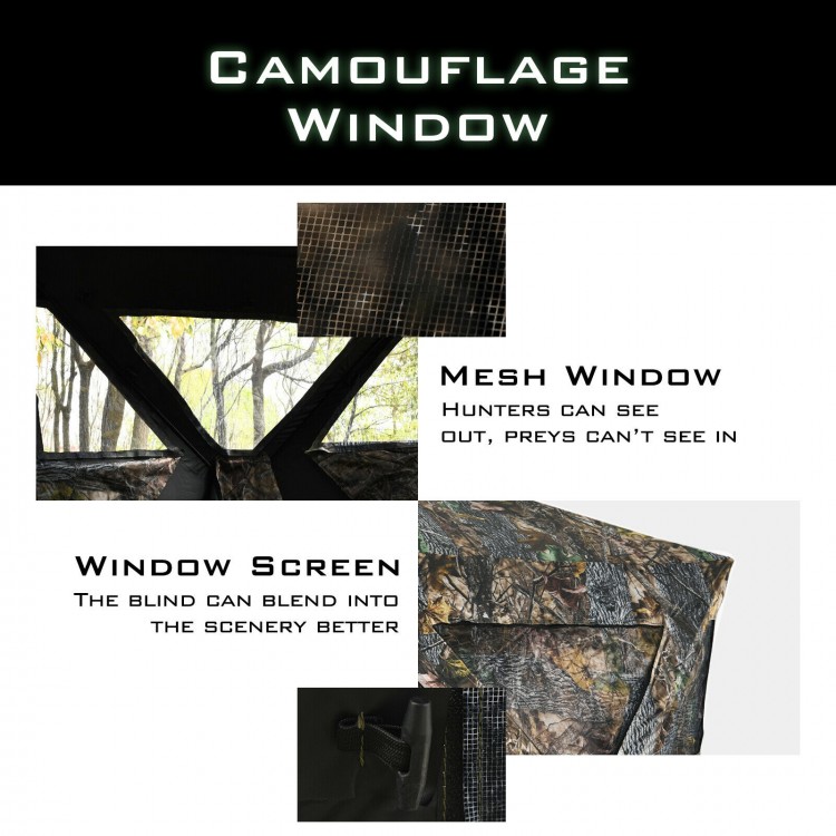 Camouflage window detail of a 3-person portable pop-up hunting blind, featuring mesh for visibility and concealment.