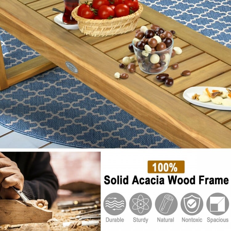 Acacia wood dining bench with slatted seat, natural teak color, sturdy design for outdoor and indoor use.