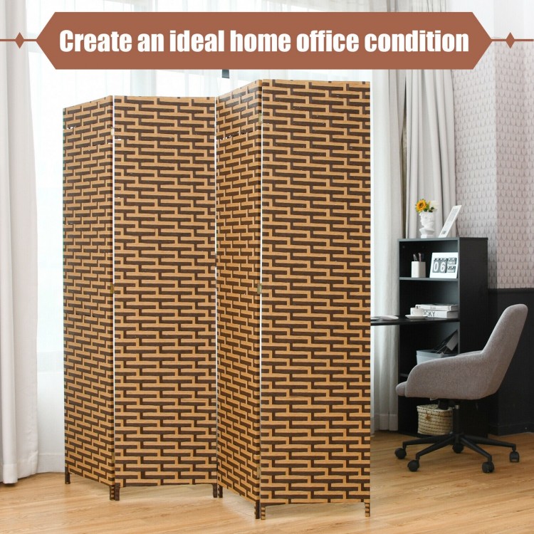 4-panel folding privacy partition room divider in yellow, featuring a hand-woven design for versatile home decor.