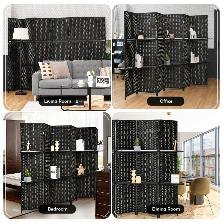 6-panel black room divider with hand-woven fiber and 2 display shelves, ideal for creating private spaces in any room.