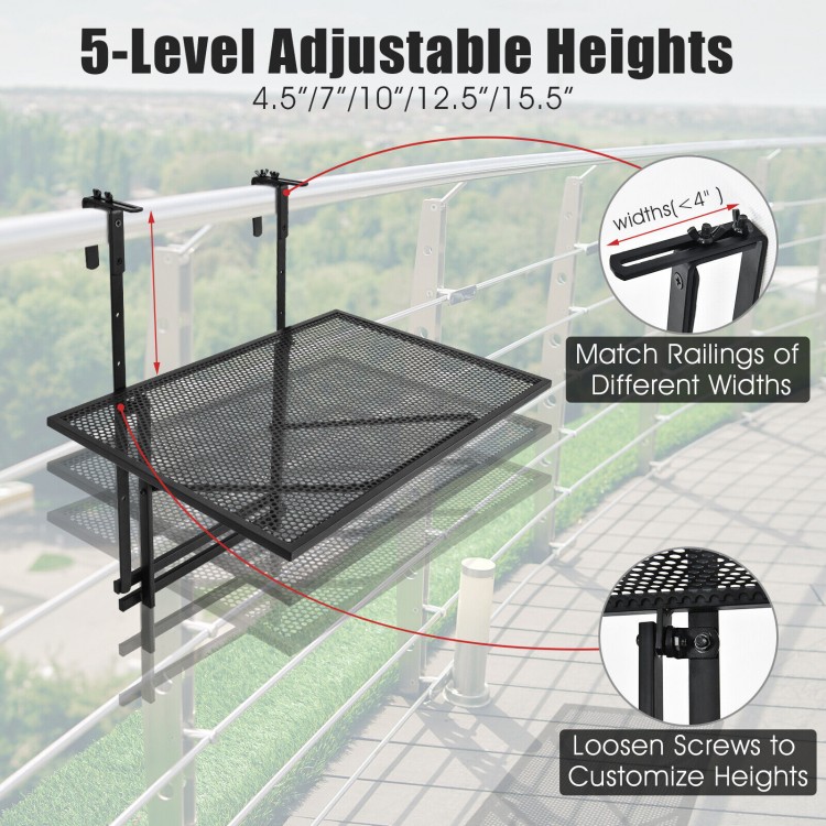 Railing folding table with 5-level adjustable heights, made of durable iron, perfect for balcony use and space-saving.
