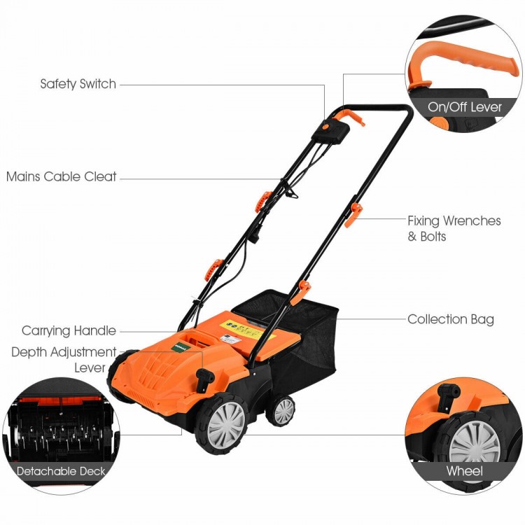 13-inch electric scarifier in orange with collection bag, depth adjustment lever, and dual safety switch for lawn care.