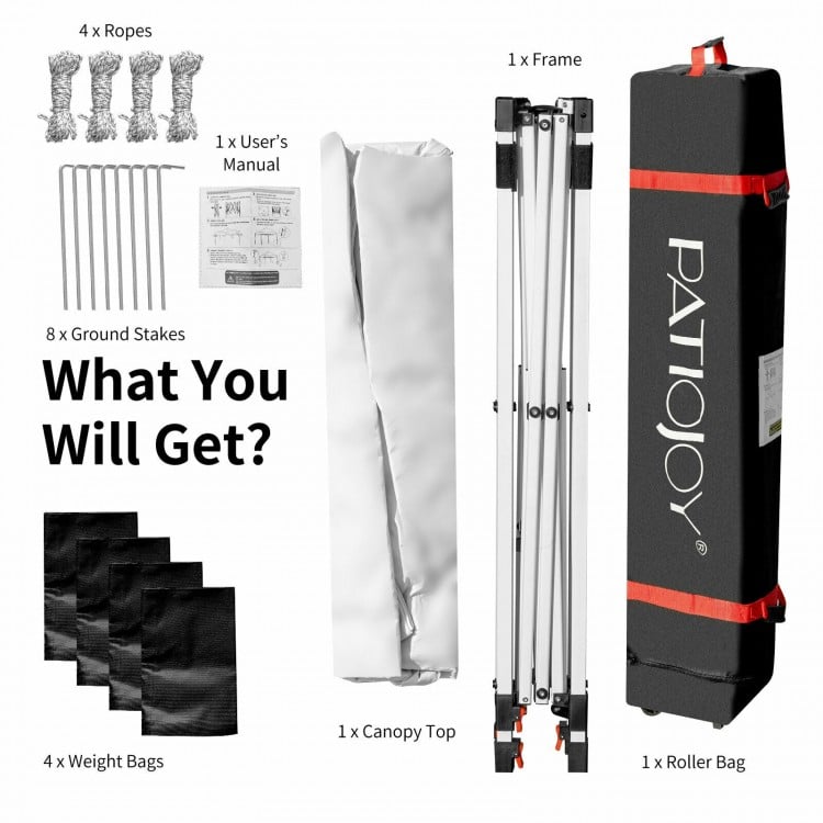 Pop up height adjustable canopy tent with roller bag, 6.6' x 6.6', includes ground stakes and weight bags for stability.