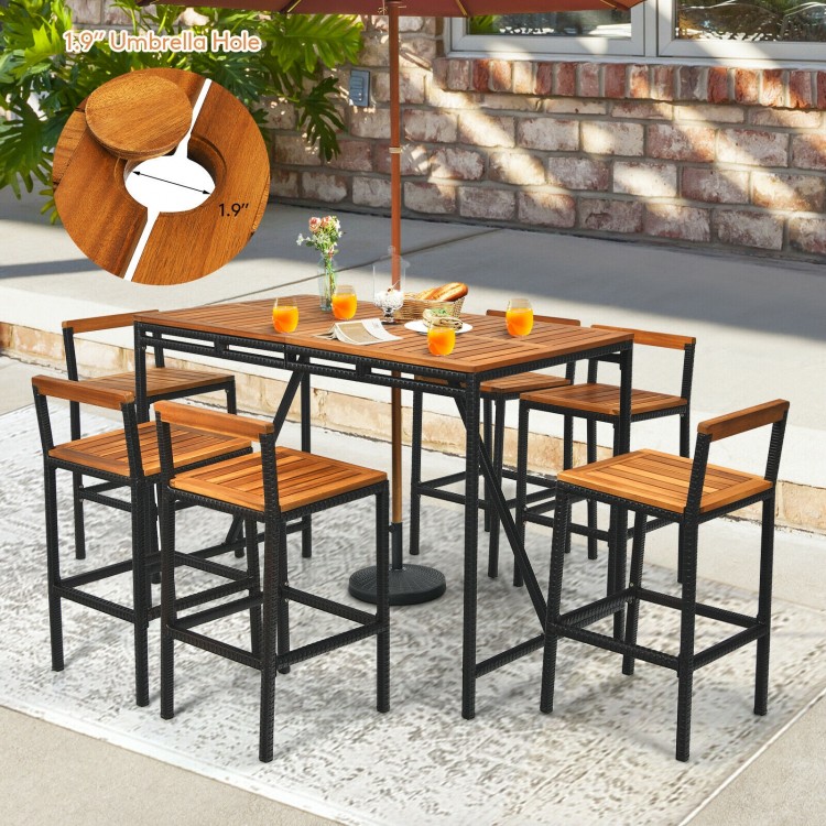 7-piece acacia wood patio rattan bar set with 1.9" umbrella hole, featuring 6 stools for outdoor dining and gatherings.
