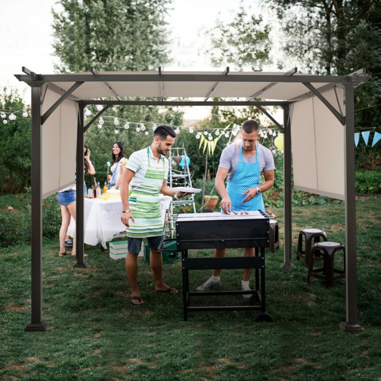 Metal frame patio gazebo with beige polyester canopy, ideal for BBQs and outdoor gatherings in your backyard.