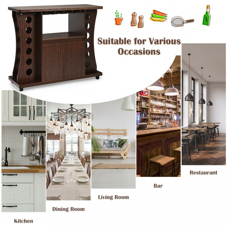 Rolling buffet sideboard in walnut with wine rack and glass holders, ideal for kitchen and dining room organization.