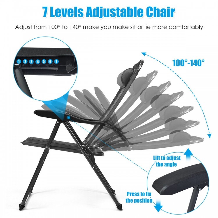 Adjustable reclining chair with seven positions, gray oxford fabric, perfect for patio, garden, or camping use.