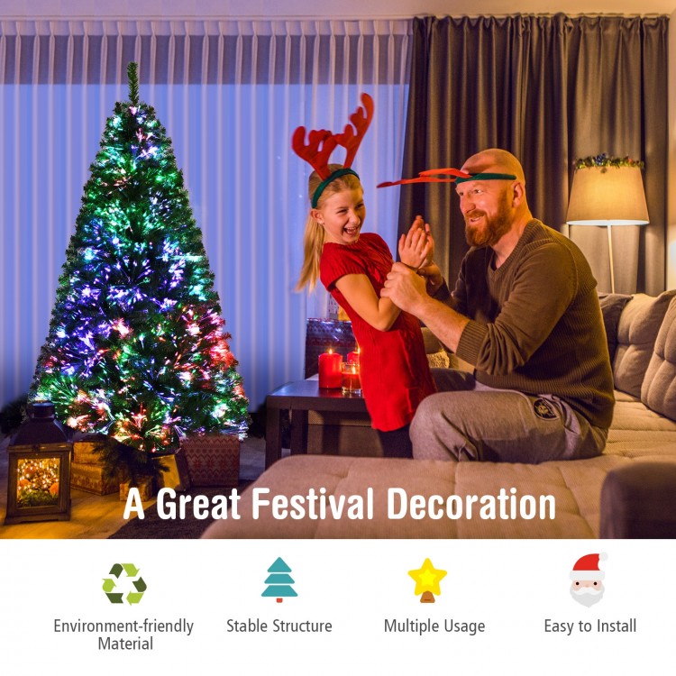 6 feet pre-lit fiber optic artificial Christmas tree with 617 branch tips, ideal for festive indoor decoration.