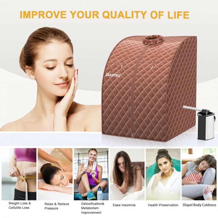 Portable personal steam sauna spa with waterproof fabric, 3L steamer, and folding chair for health care and relaxation.
