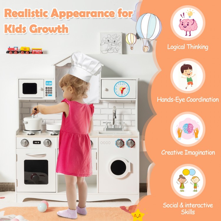 Wooden kids kitchen playset with washing machine, oven, and accessories for imaginative play and skill development.