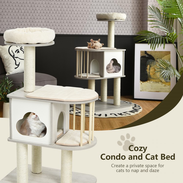 Wooden cat activity tree with three platforms, cozy condo design, and removable cushions for comfortable play and rest.