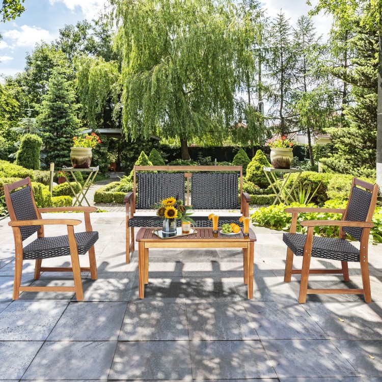 Four-piece outdoor patio rattan furniture sofa set with acacia wood frame, perfect for garden relaxation and gatherings.