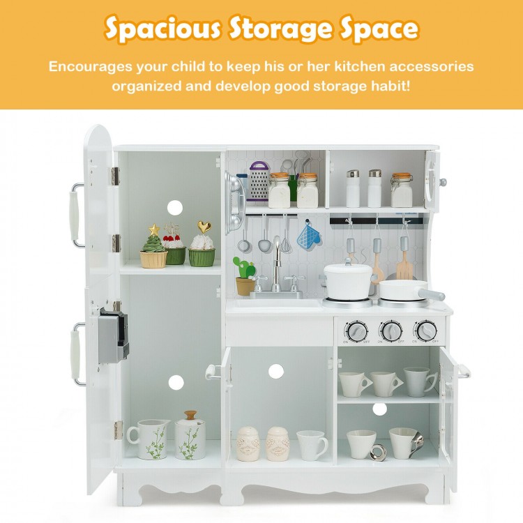 Kitchen pretend play cookware set for kids featuring a spacious storage space and removable sink for organized play.
