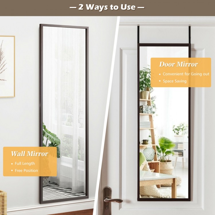 Full-length brown metal door mirror with adjustable hooks, ideal for wall mounting or door hanging, perfect for outfit.