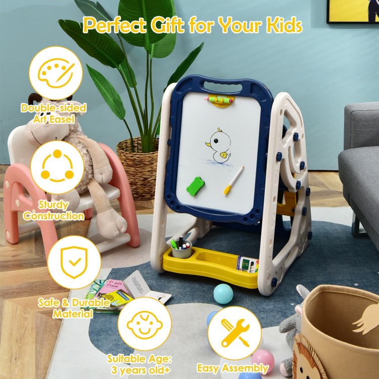 Double-sided kids art easel in blue with adjustable height, includes art accessories for creative play and learning.