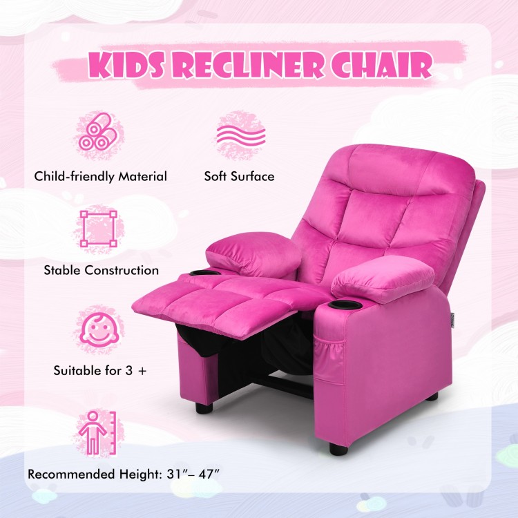 Kids recliner chair in pink with cup holders and footrest, made of soft velvet, suitable for children aged 3 and up.