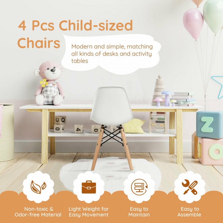 Child-sized white chair with wood legs, lightweight and ergonomic, perfect for nurseries and playrooms.