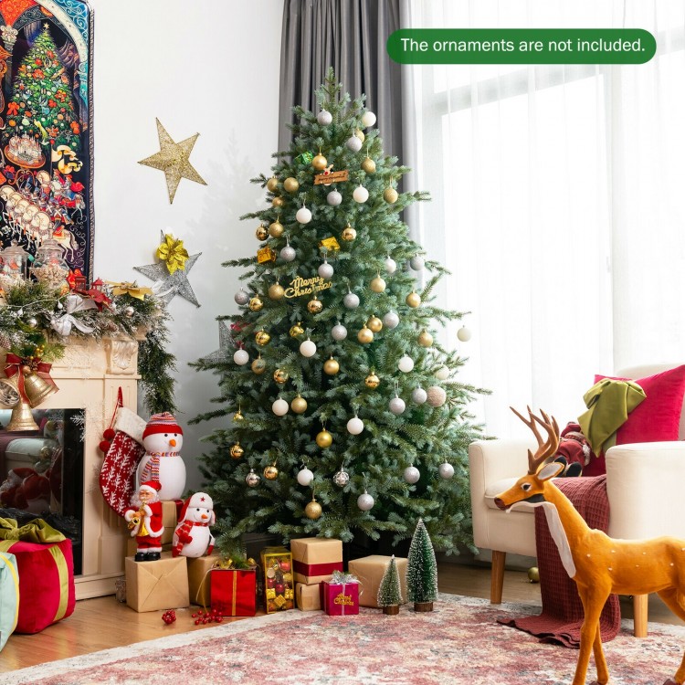 7 feet artificial Christmas tree with 1260 mixed PE and PVC tips, displayed in a bright living room with festive decor.