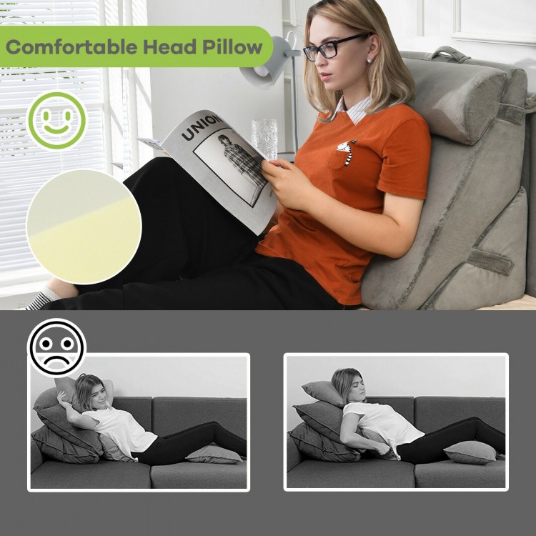 Adjustable gray memory foam headrest pillow set for back support while reading or lounging on the couch or floor.