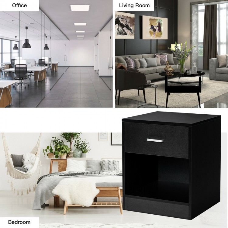 Black nightstand with storage drawer and open compartment, perfect for bedroom or living room organization and decor.