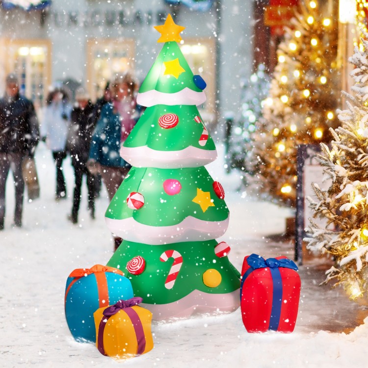 Inflatable Christmas tree with three colorful gift boxes, featuring LED lights for festive outdoor decoration.