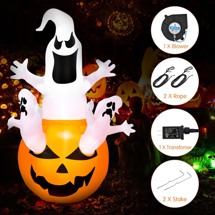 6-foot inflatable Halloween pumpkin with ghosts, LED light, and durable polyester for outdoor decoration.