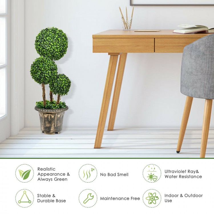 30-inch artificial topiary triple ball tree with realistic PE leaves, perfect for indoor and outdoor decoration.