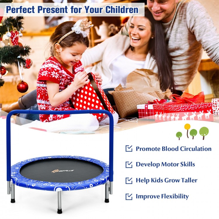 36-inch blue kids trampoline with padded handrail, designed for safety and promoting bone growth, ideal for indoor use.