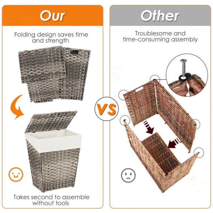 Foldable handwoven laundry hamper in gray with removable liner, sturdy iron frame, and flip lid for dust protection.