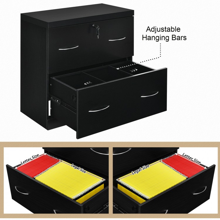 2-drawer black file cabinet with lock, adjustable hanging bars for letter and legal size documents, ideal for home or.
