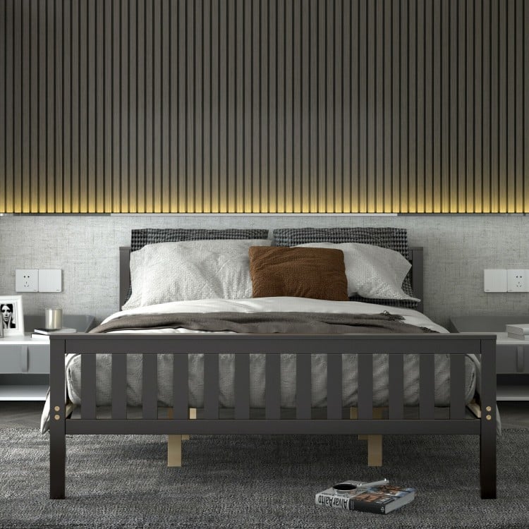 Queen wood platform bed with headboard in a modern design, featuring solid wood frame and under-bed storage space.