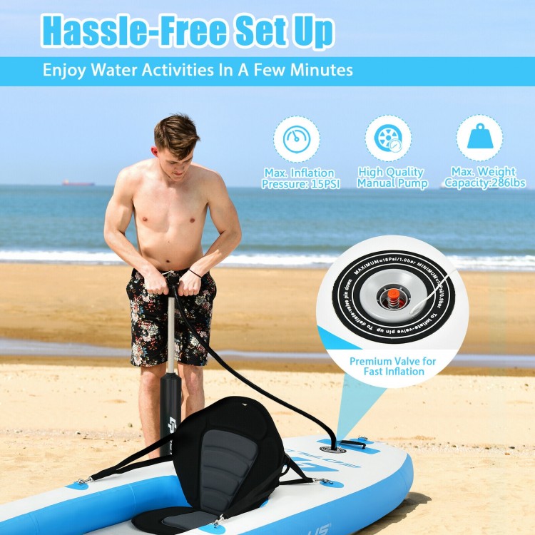 Inflatable 10.8 feet kayak set with detachable seat and adjustable oar, perfect for easy transport and water activities.