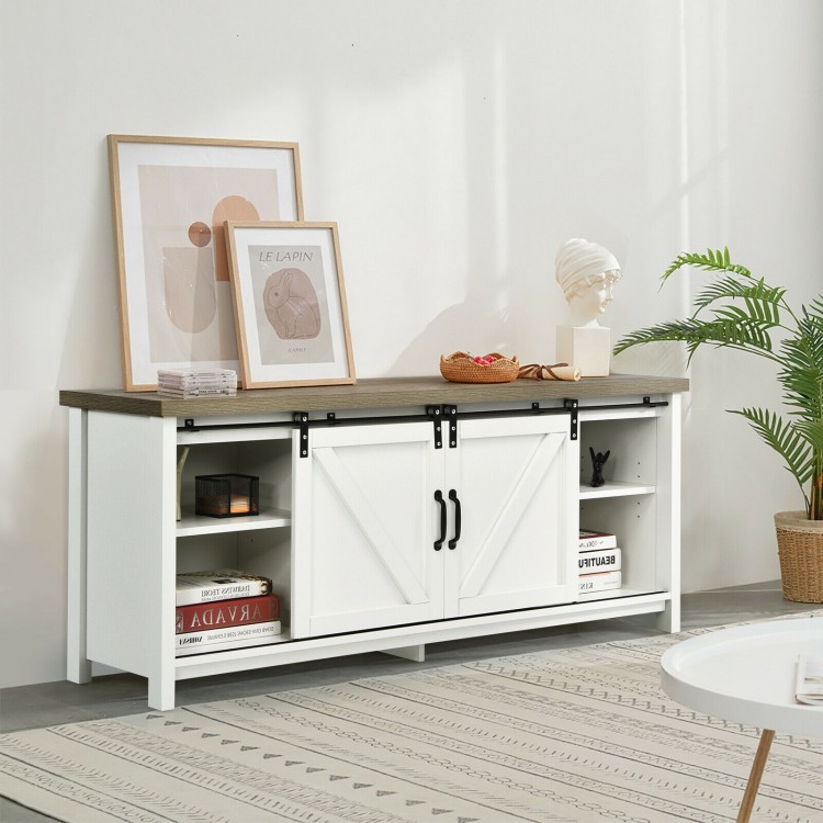 White TV stand media center cabinet with sliding barn door, ample storage, and adjustable shelf for living room use.