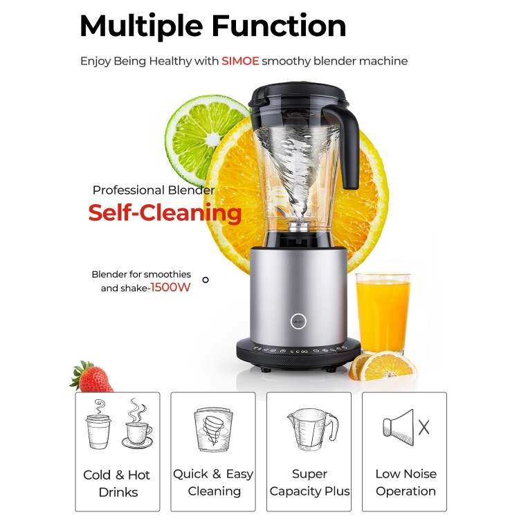 High-power 1500W smoothie maker with 64oz pitcher, 10 speeds, and self-cleaning function for versatile kitchen use.