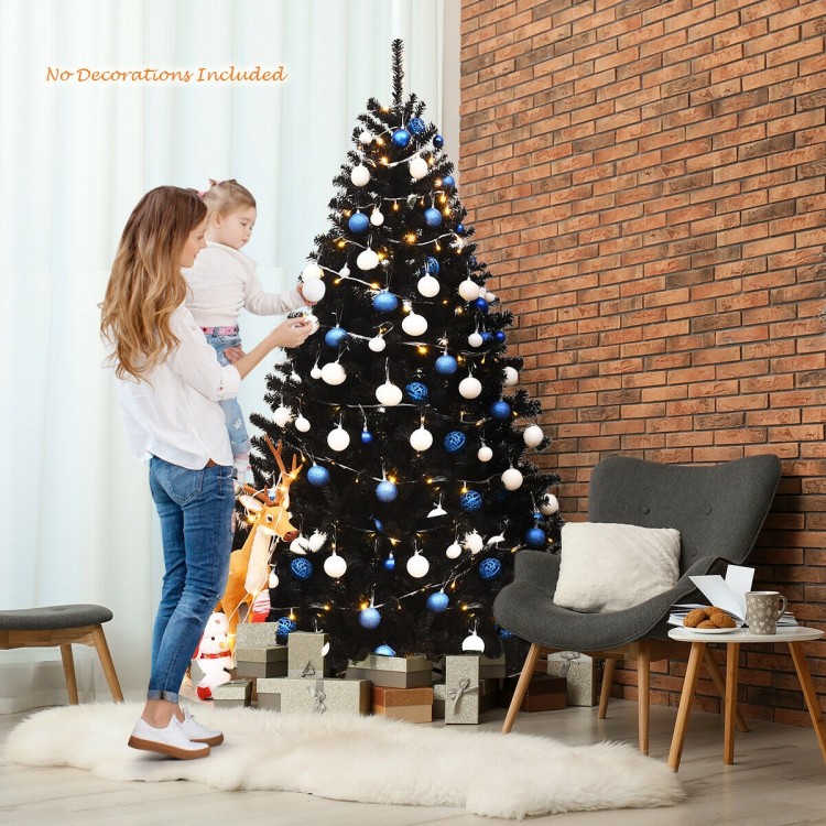 Black 6 feet hinged artificial Christmas tree with 1036 branch tips, perfect for customizable holiday decor.