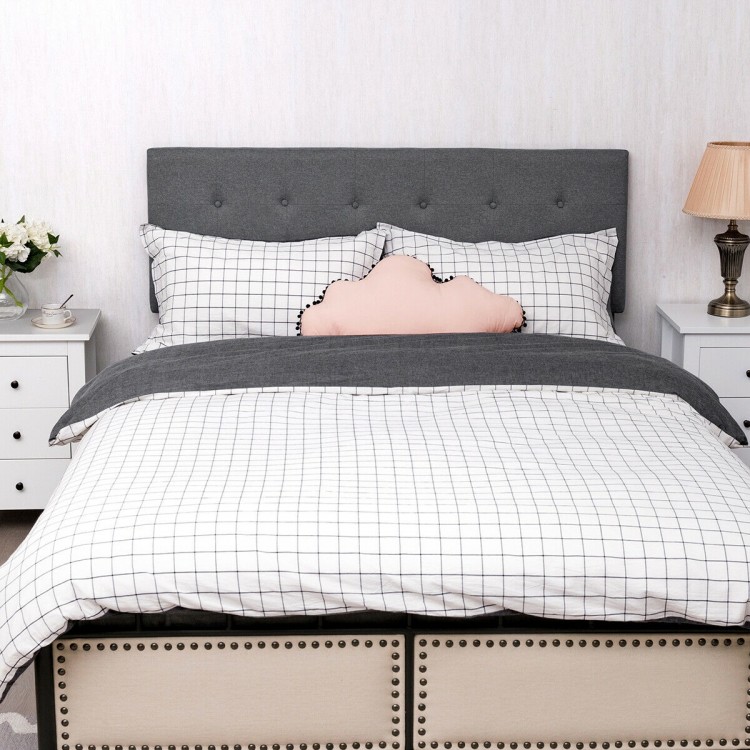 Gray tufted linen fabric upholstered headboard for queen and full size beds, featuring adjustable height and elegant.