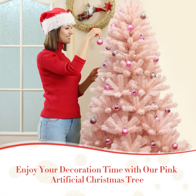 Pink 6ft artificial Christmas tree with hinged construction, perfect for festive home decoration and easy assembly.