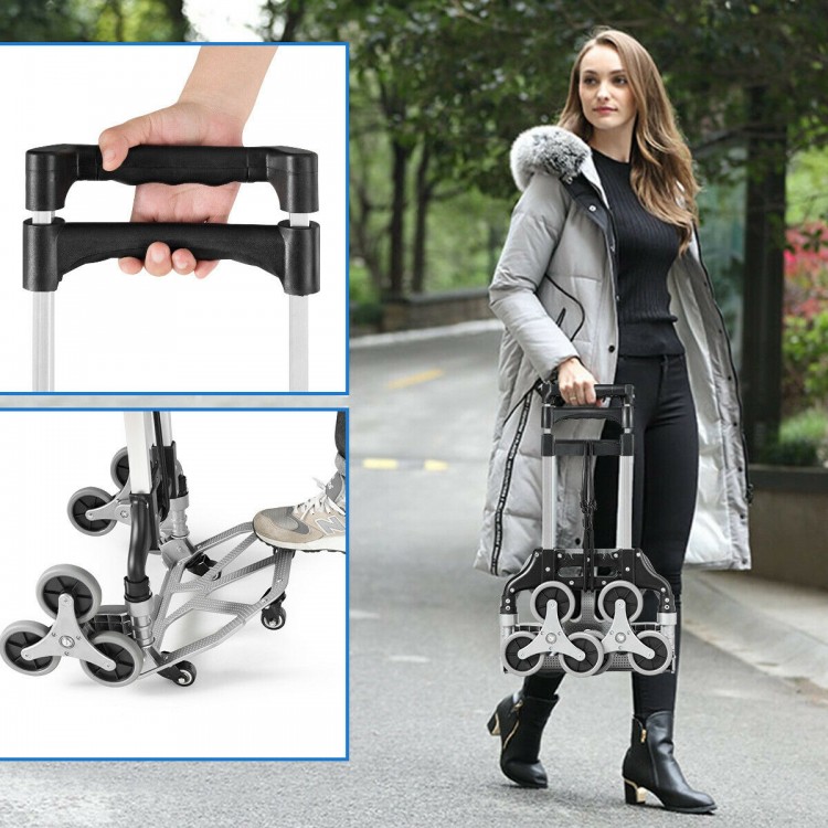 Portable folding stair climbing hand truck with three-wheel design and adjustable handle, ideal for moving boxes and.