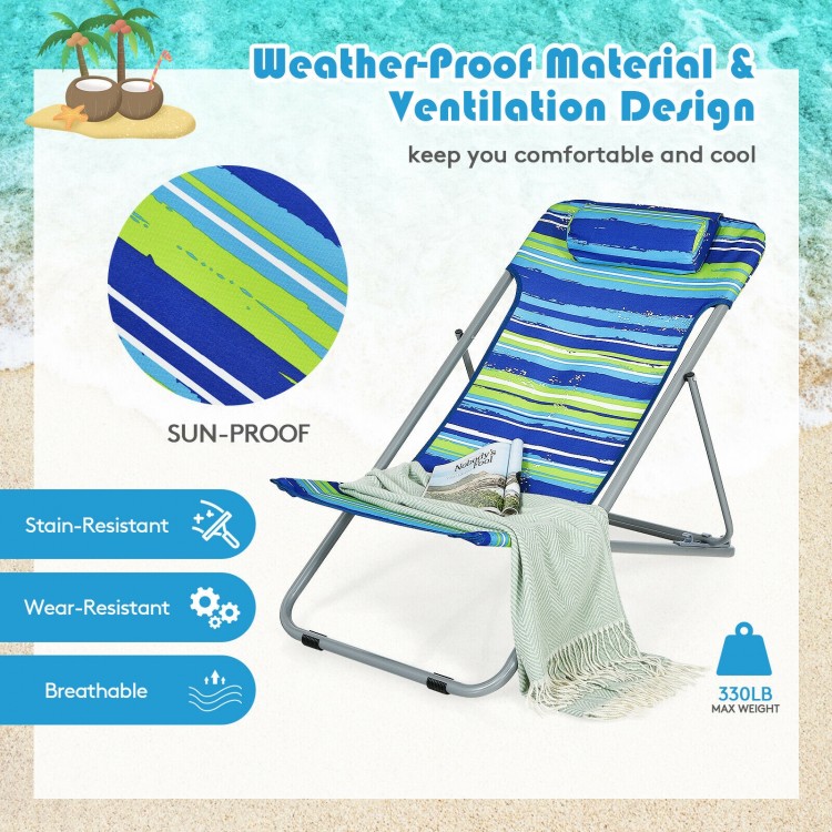 Portable beach chair set of 2 with adjustable backrest, breathable fabric, and sturdy frame for outdoor relaxation.