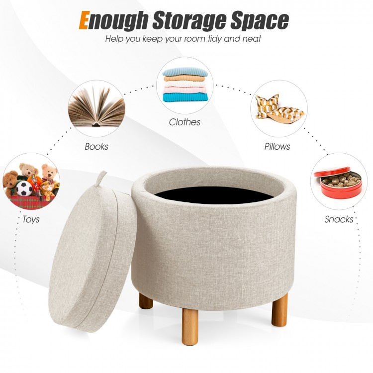 Round beige fabric storage ottoman showcasing soft padded seat and solid wood legs, perfect for stylish organization.