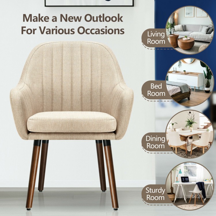 Beige fabric upholstered accent chair with wooden legs, ergonomic armrests, ideal for living room or dining room use.