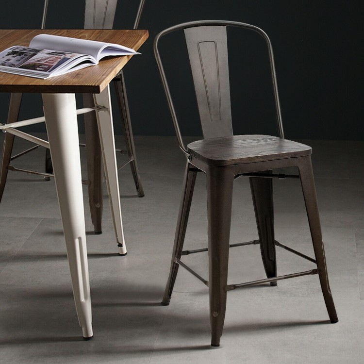 Industrial metal counter stool with removable backrest, gun color, featuring an elmwood seat for comfortable dining.
