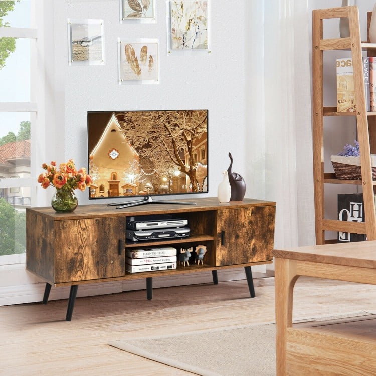 Industrial TV stand in rustic brown with 2-tier shelves and storage cabinets, suitable for TVs up to 55", for living.