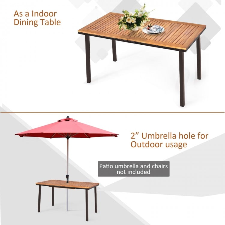 55-inch acacia wood dining table with slatted surface and 2" umbrella hole, perfect for indoor and outdoor use.