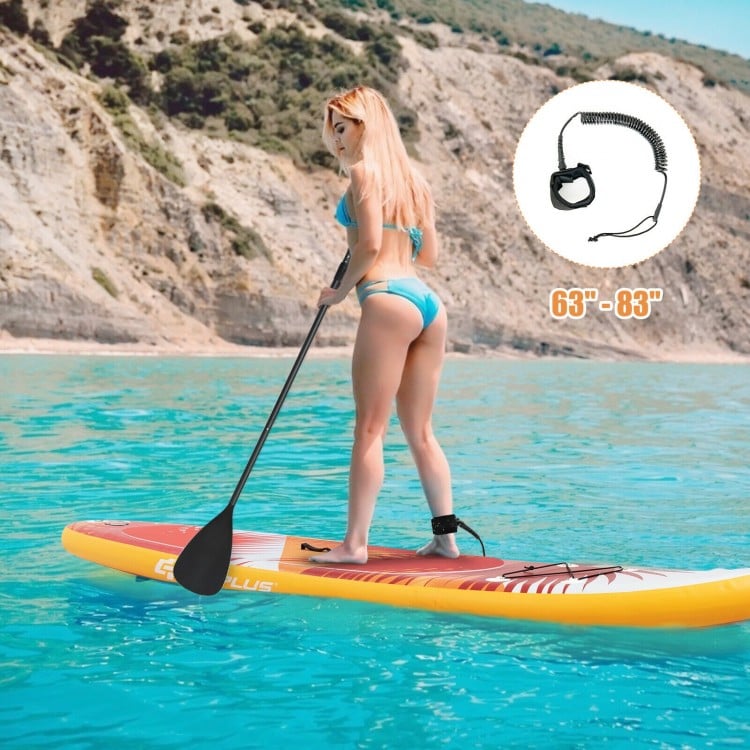 Inflatable stand-up paddle board with aluminum paddle, ideal for water activities, featuring a non-slip deck and safety.