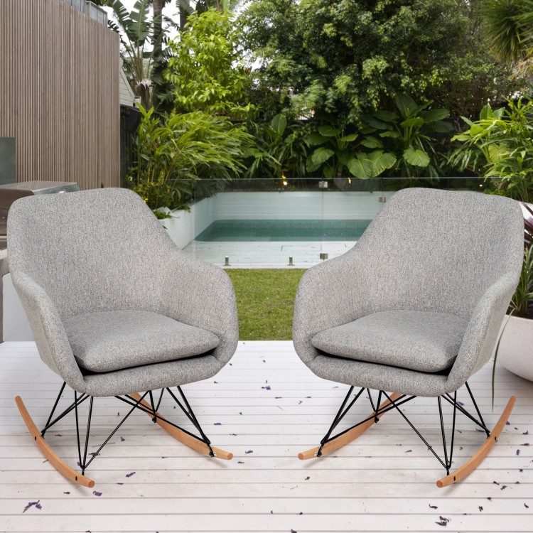 Gray accent upholstered rocking armchair with beech wood legs and steel frame, ideal for living room relaxation.