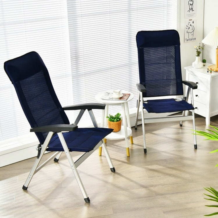 Two blue patio dining chairs with adjustable headrests, featuring aluminum frames and foldable design for outdoor.