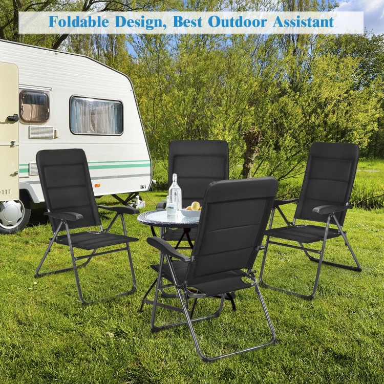 Set of 4 black patio folding chairs with adjustable backrests, perfect for outdoor camping and relaxation.