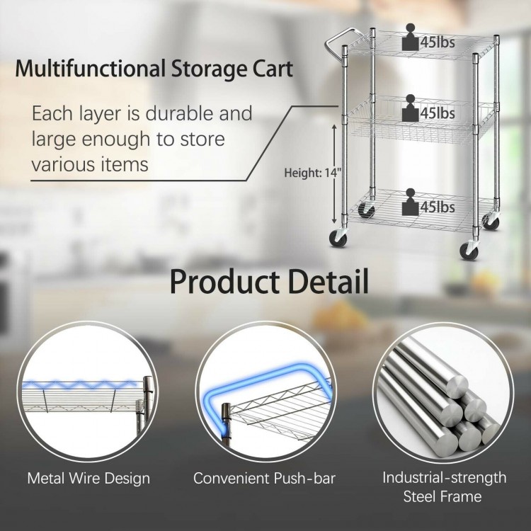 3-tier rolling utility cart with adjustable shelves, metal wire design, and lockable wheels for versatile home use.