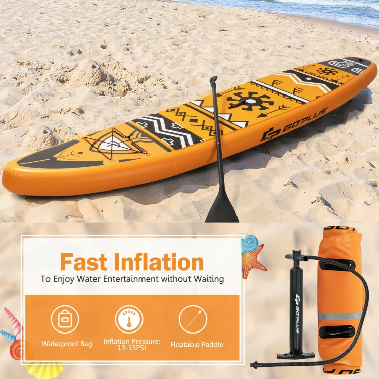 Inflatable stand-up paddle board in orange with non-slip deck, suitable for water activities and easy transport with.
